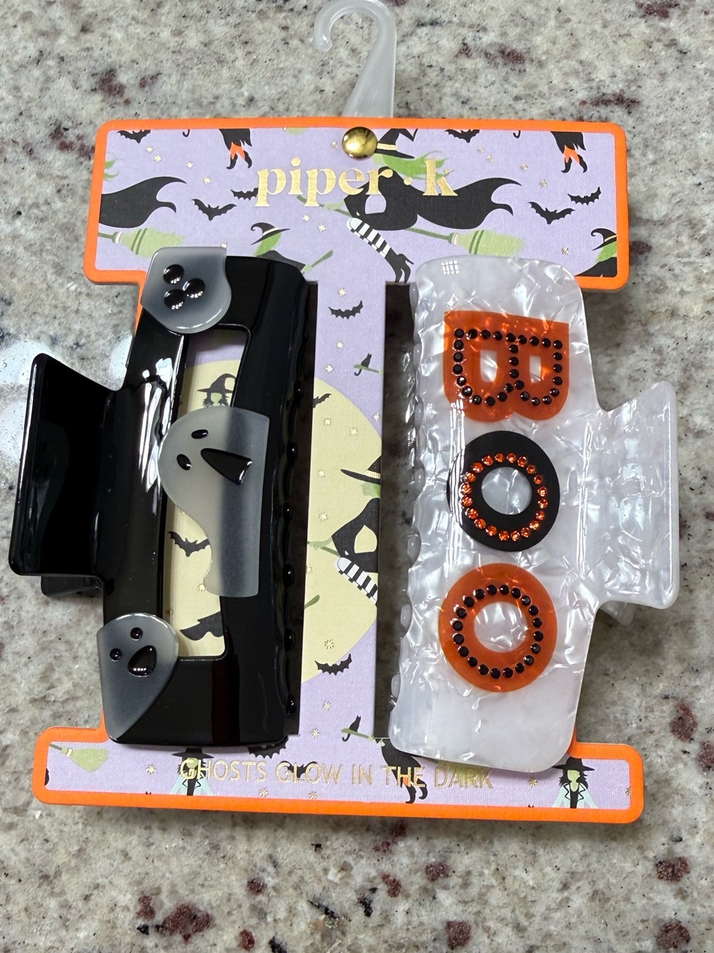 Piper K Halloween Ghost & 'BOO' Hair Clips - Black & Orange